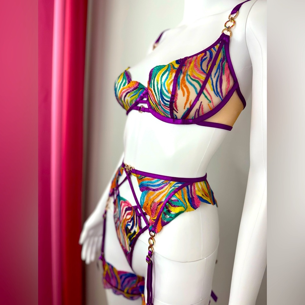 Honey Birdette Solange Rainbow Lingerie 5 Piece Set 30F, XXS